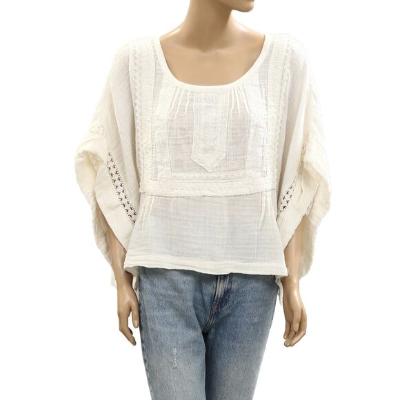 Free People Eden Lace Tee Blouse Top Babydoll Crochet Lace Cotton L NWT 285796 - Picture 5 of 9